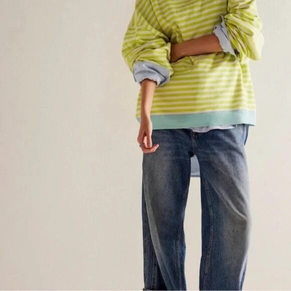 NWOT Free People Classic Stripe Crewneck Sweatshirt Lime Combo- size MEDIUM - Picture 3 of 6